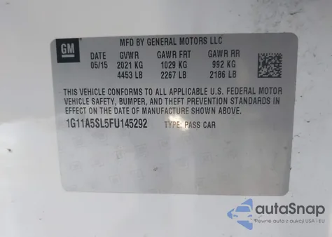 2015 Chevrolet Malibu 1Fl z USA, uszkodzony, nr VIN 1G11A5SL5FU145292